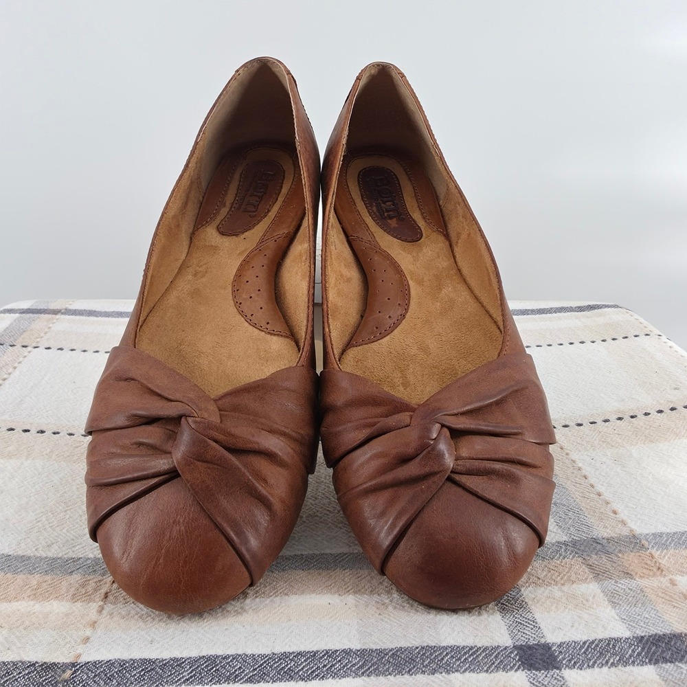 Born Julianne Brown Leather Ballet Flats Knotted Round Toe Slip On Womens 10M